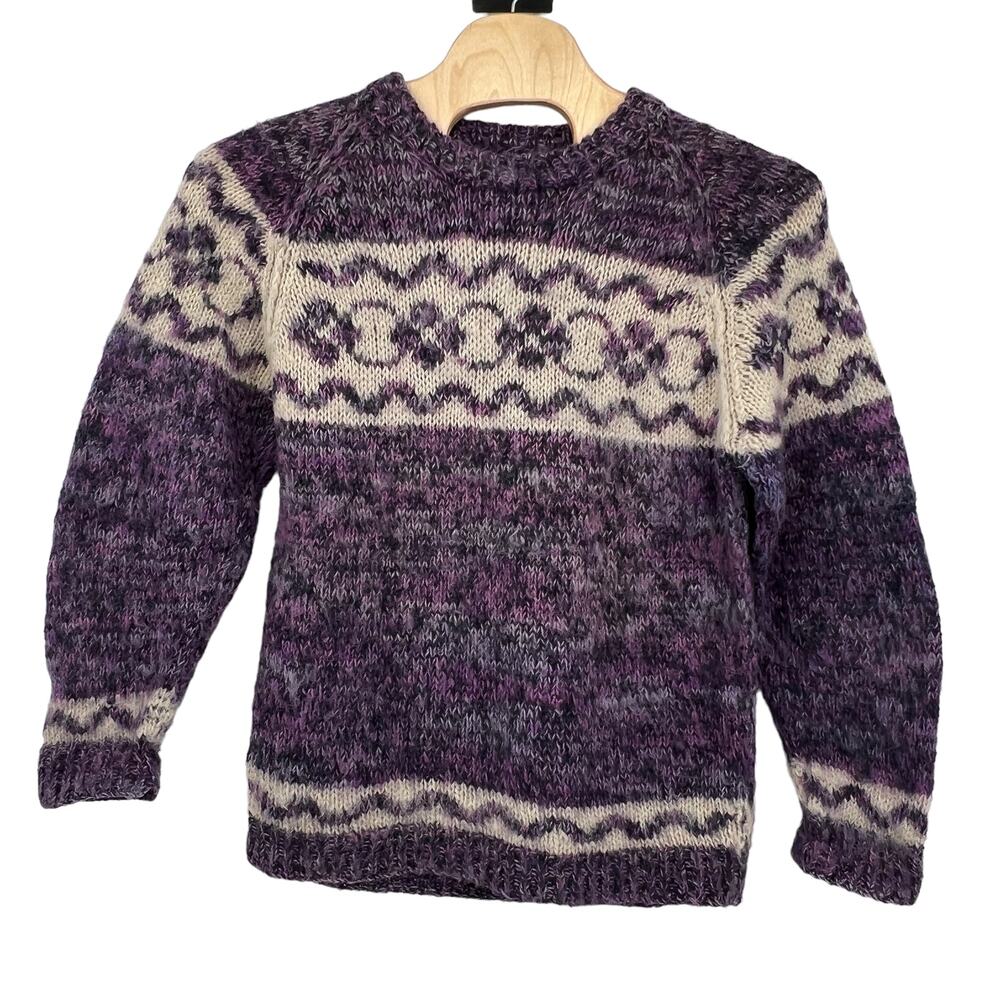 Vintage‎ Fair Isle Nordic Wool Blend  Purple Cream Knitted Crew Neck Sweater Lg